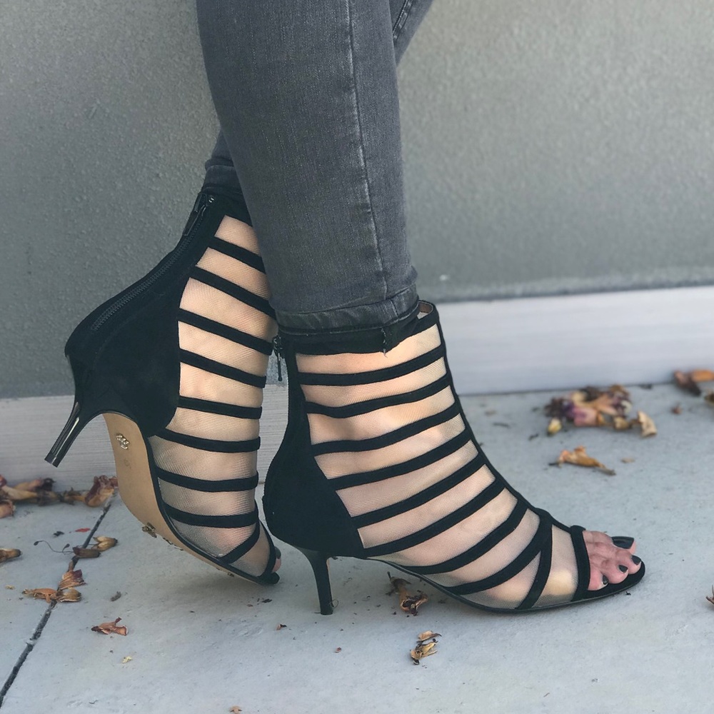 Kid Suede Clear Mesh Kitten Heel Peep Toe Booties